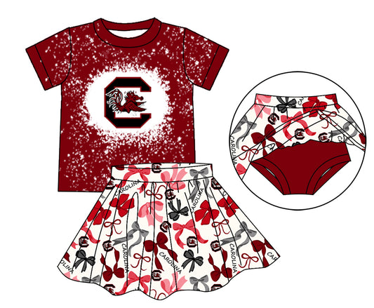 MOQ 3 pcs maroon bleached top bow skirt girls team outfits