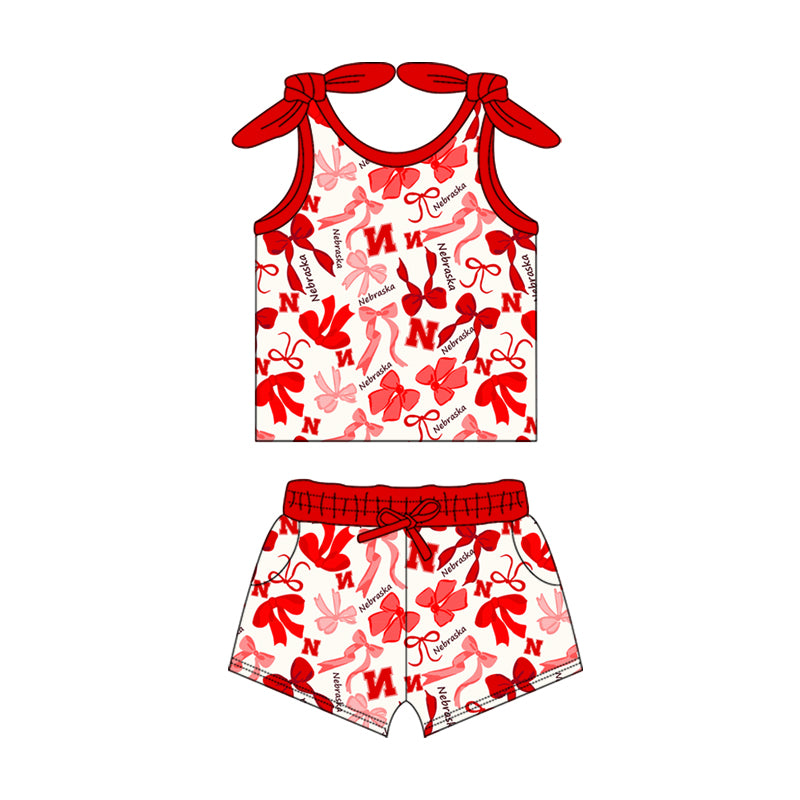 MOQ 3 pcs sleeveless N red bow top shorts girls team clothes