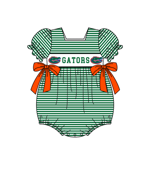 MOQ 5 pcs green stripe orange bow short sleeves baby girls team romper