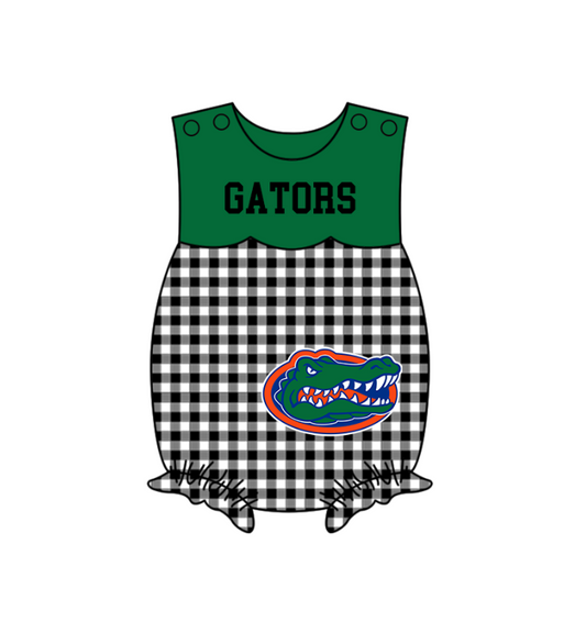 MOQ 5 pcs green sleeveless crocodile print baby girls black plaids team romper