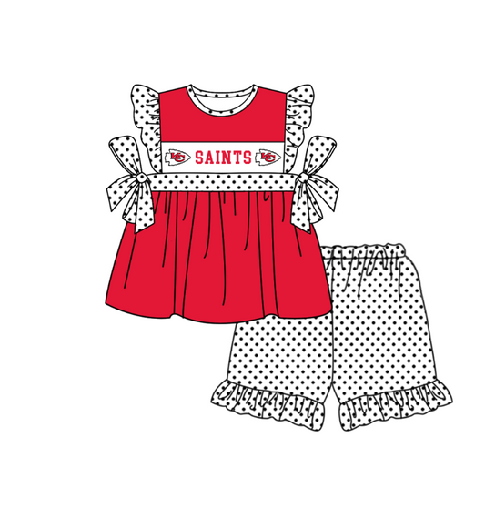 MOQ 5 pcs red bow KC tunic white polka dots ruffle shorts girls team outfit