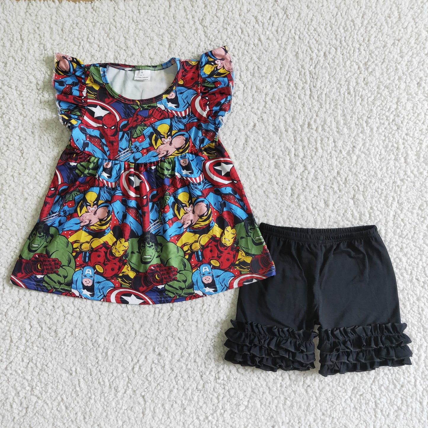 Flutter sleeve shirt black icing ruffle shorts girls clothes