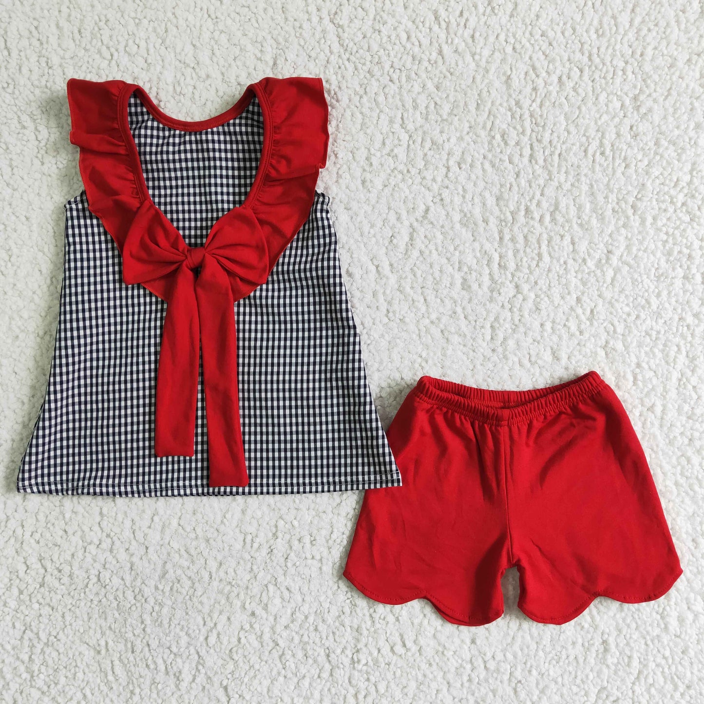 Woven plaid embroidery red shorts girls 4th of july clothing