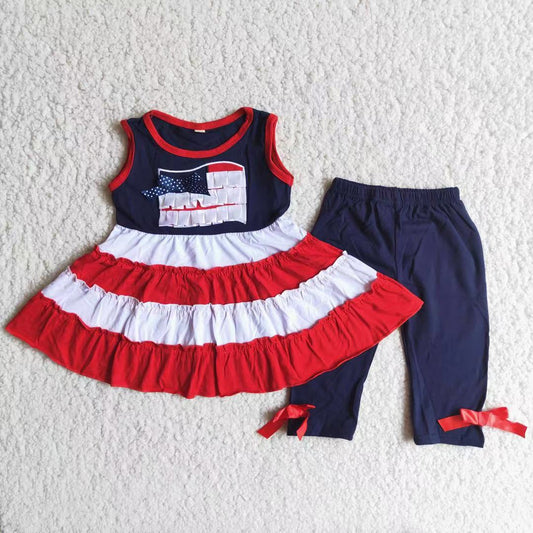 Flag embroidery tunic capris girls 4th of july outfits