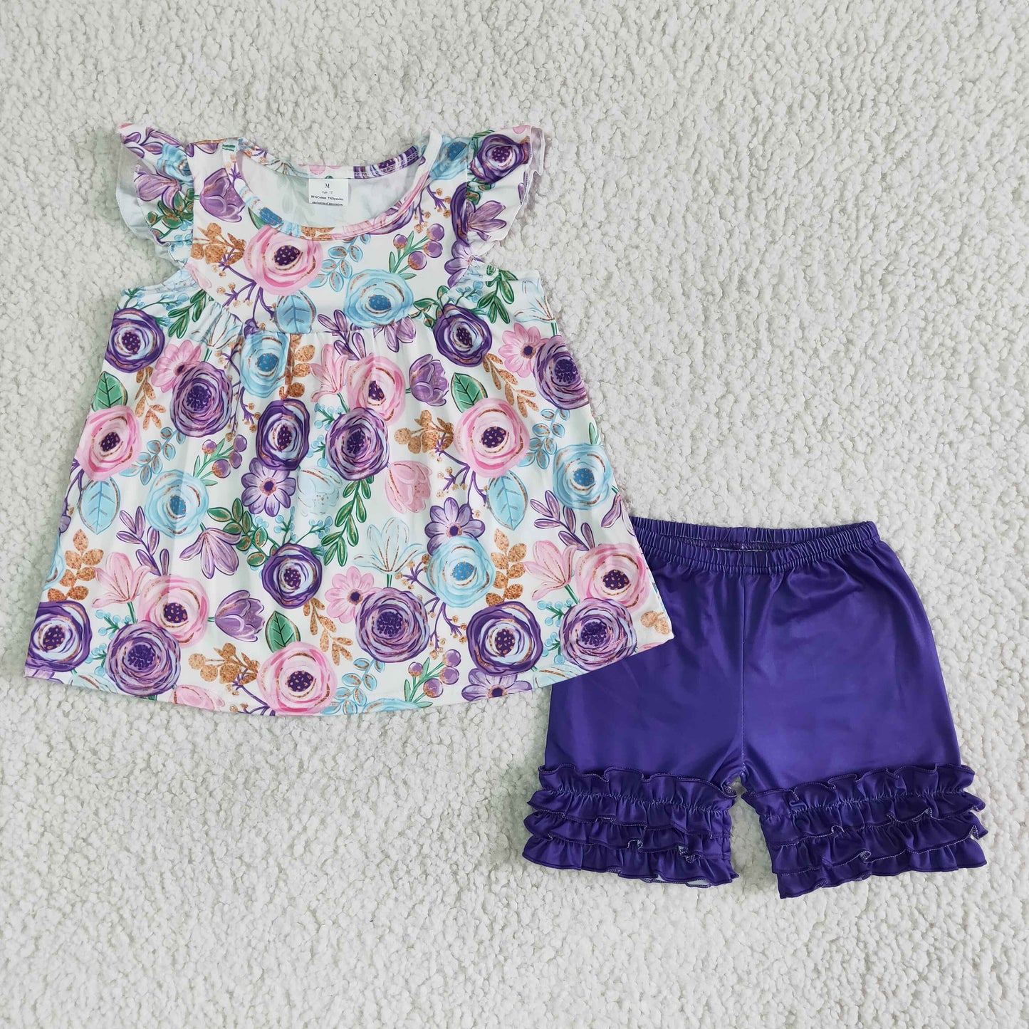 Flutter sleeve pearl shirt purple icing ruffle shorts girls summer clothes