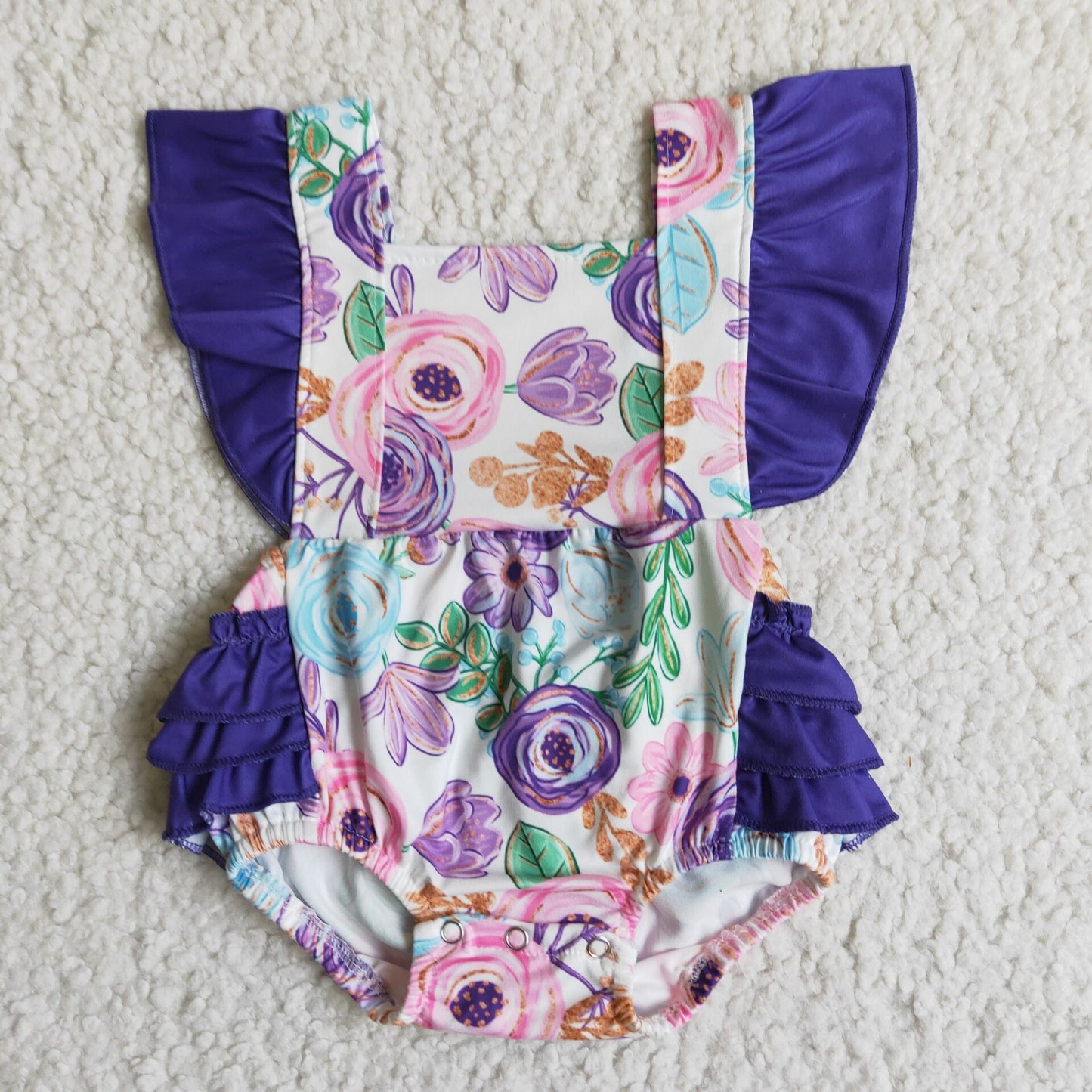 Floral print purple ruffle romper baby girls bubbles