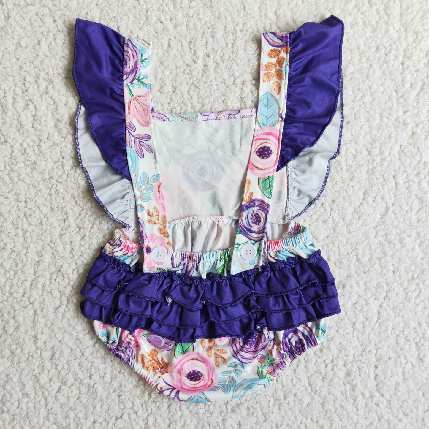 Floral print purple ruffle romper baby girls bubbles