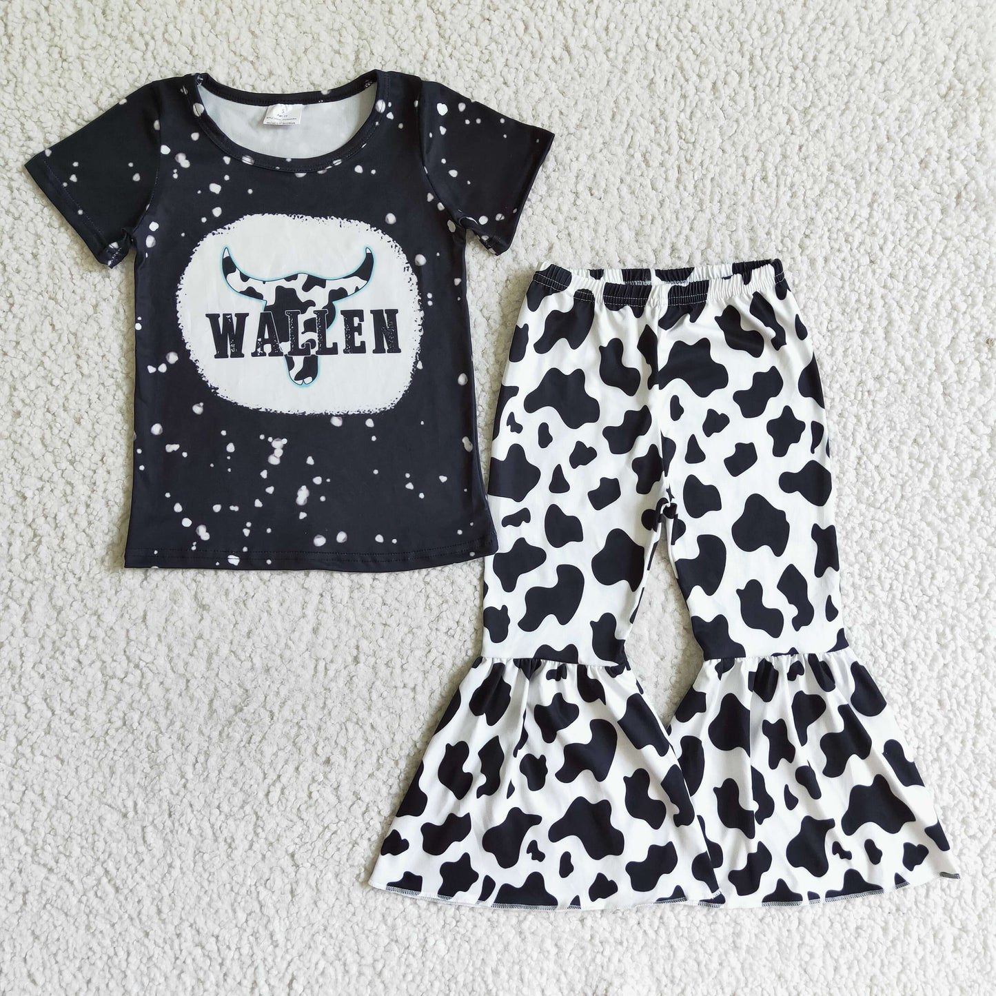 Cow print black bleached shirt girls boutique clothing set