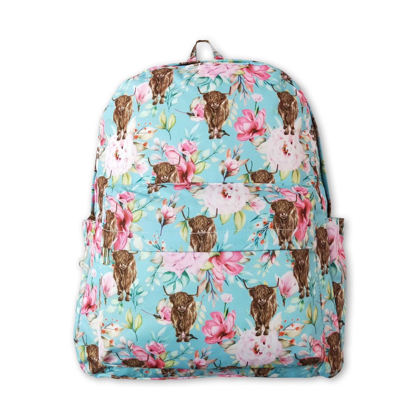 Light blue floral highland cow kids girls backpack