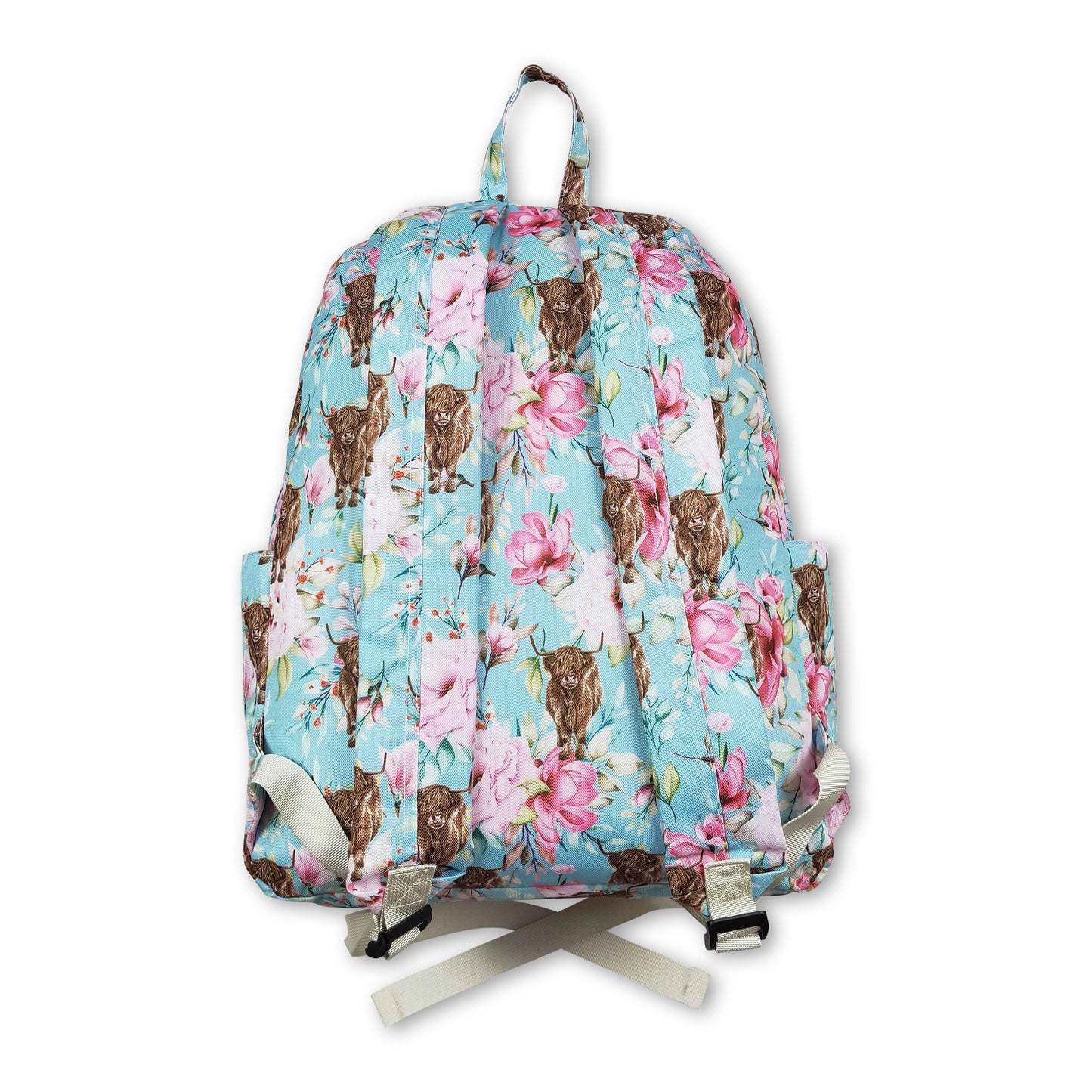 Light blue floral highland cow kids girls backpack