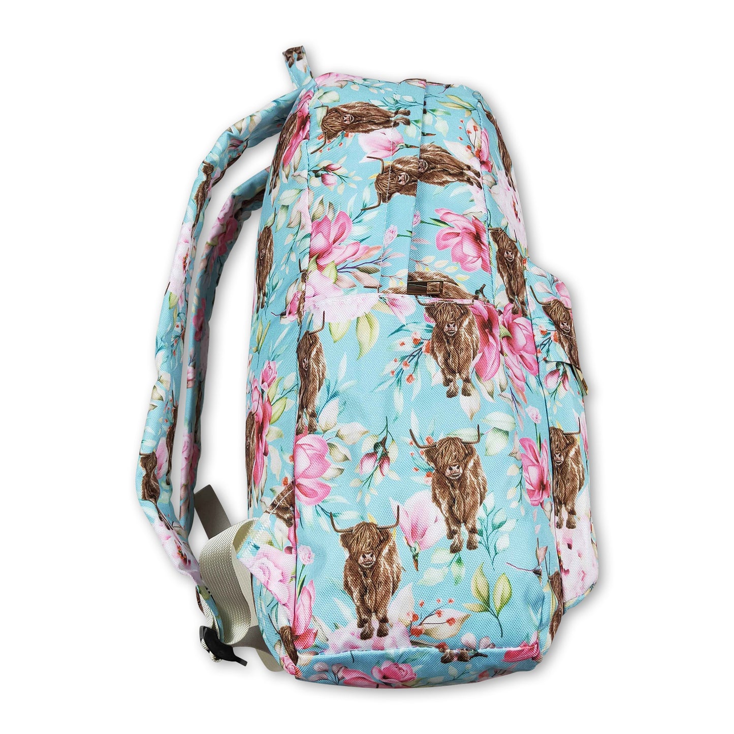 Light blue floral highland cow kids girls backpack