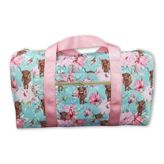 Highland cow pink floral western girls tote bag