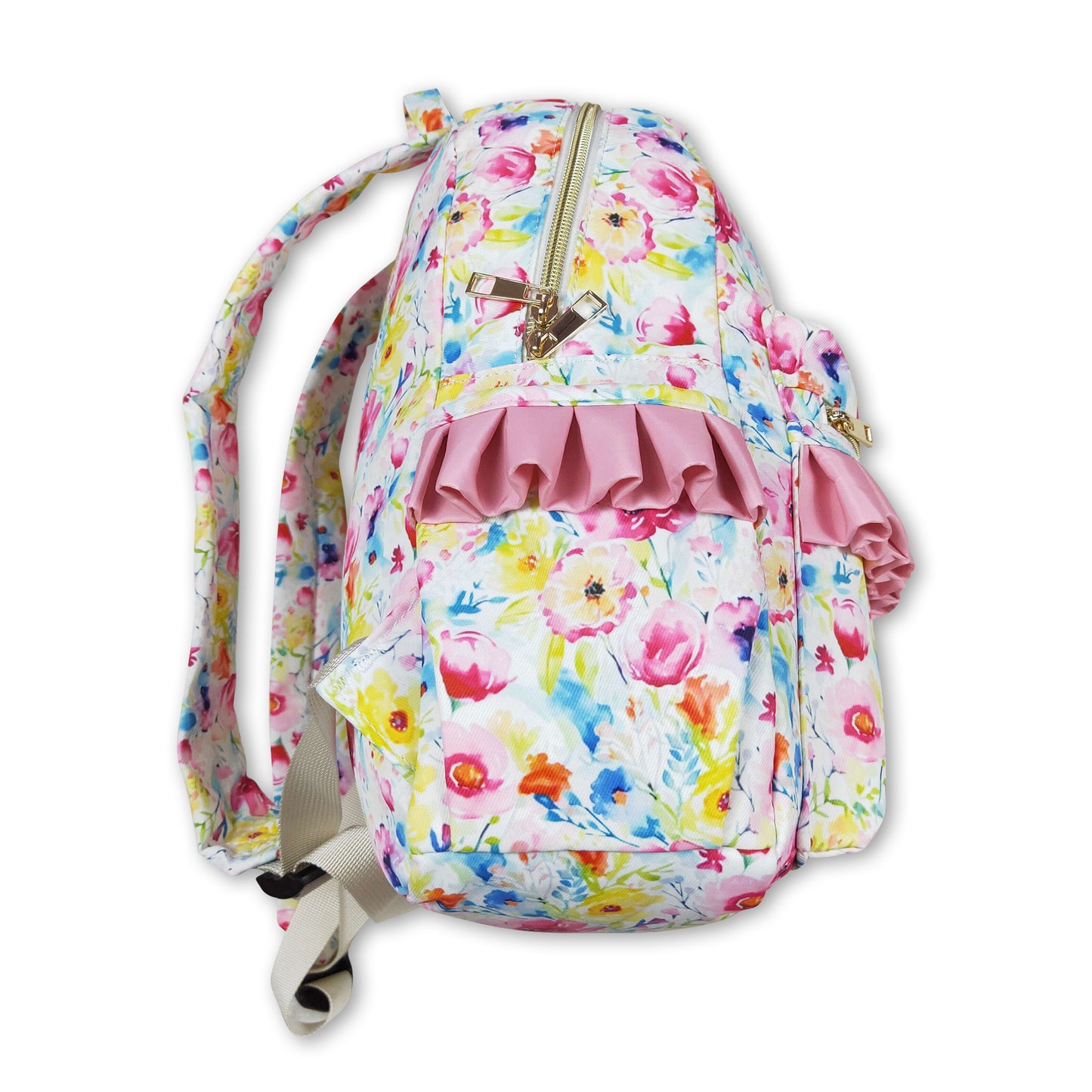 Pink flower ruffle girls backpack