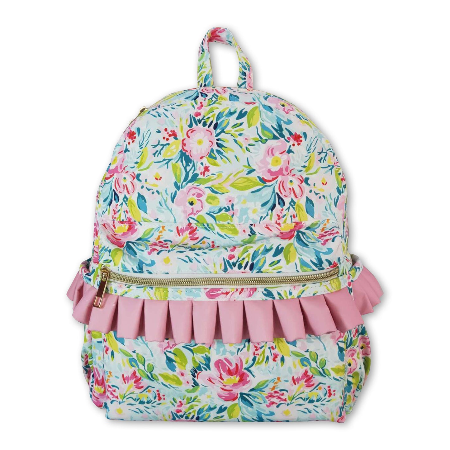 Green pink flower ruffle girls backpack