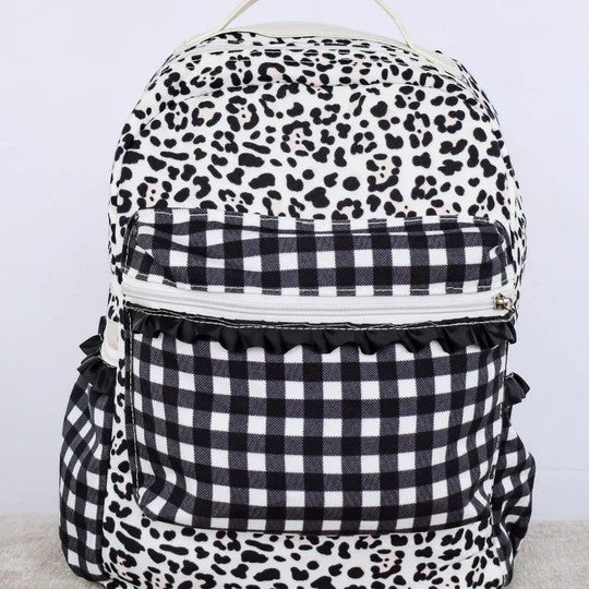 Black plaid ruffle leopard baby girls backpack