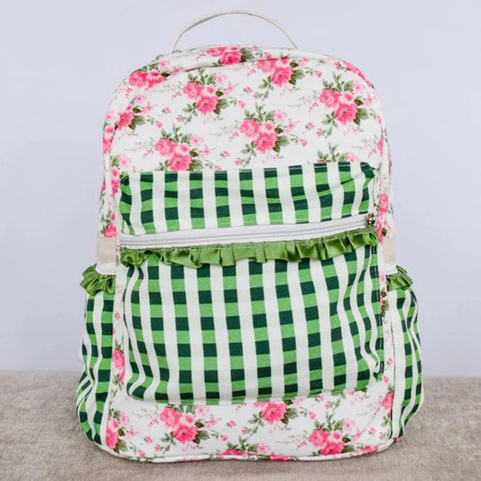 Green plaid ruffle floral baby girls backpack