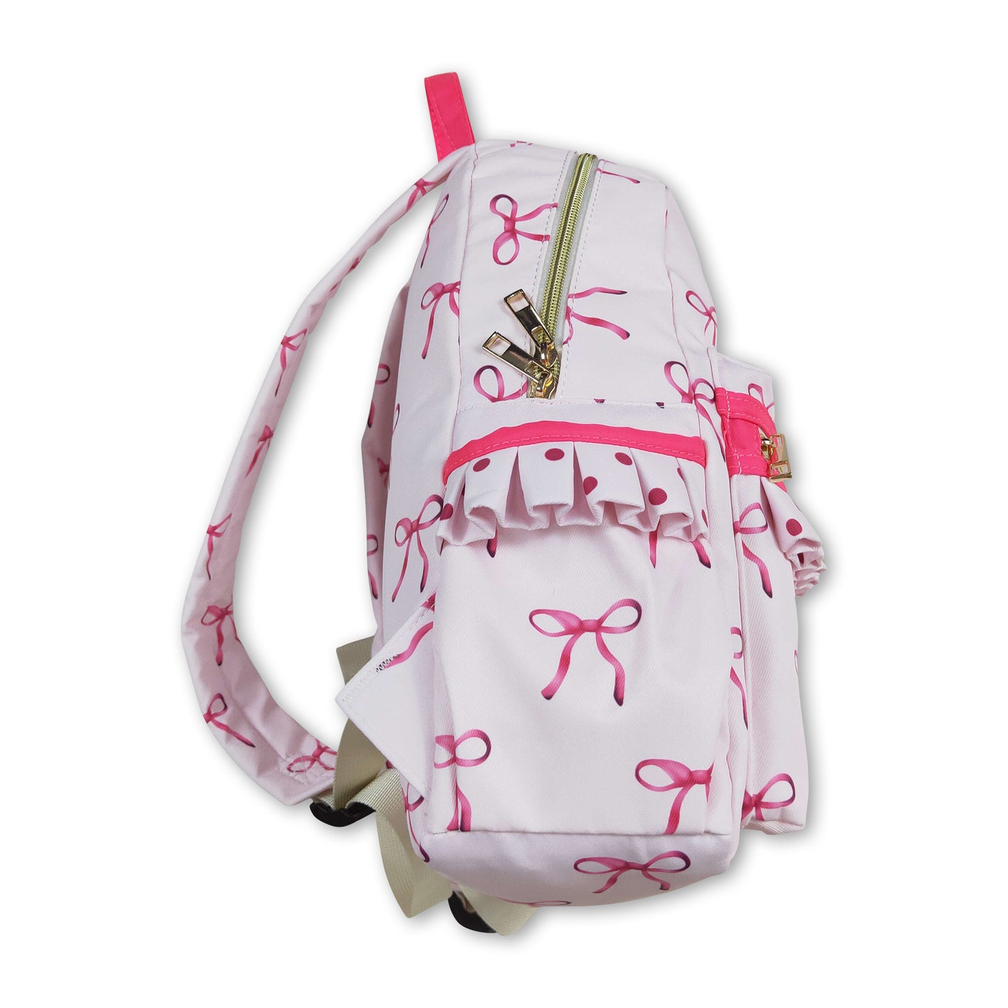 Pink bow polka dots ruffle kids girls backpack