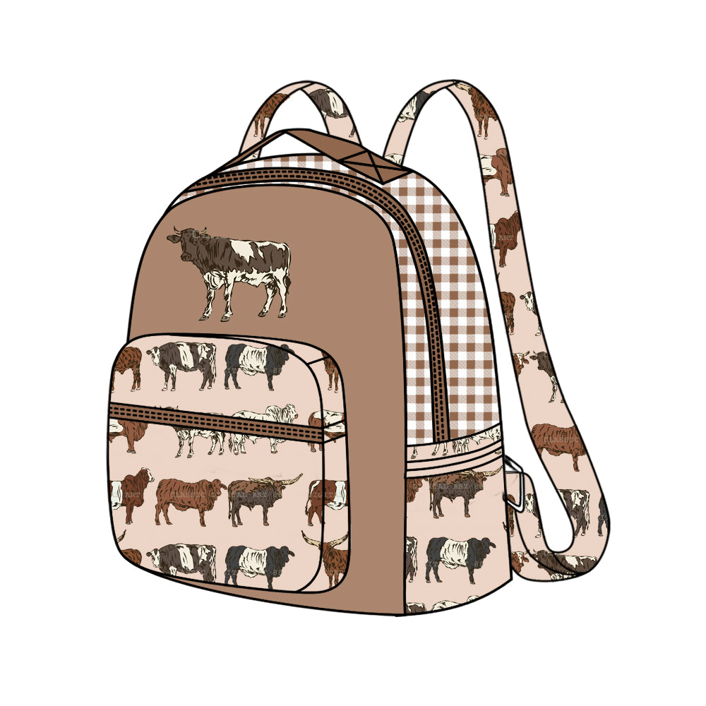 Khaki plaid cows western kids boys backpack