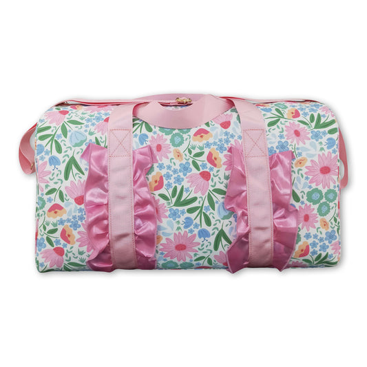 Pink ruffle band floral adult women duffel bag