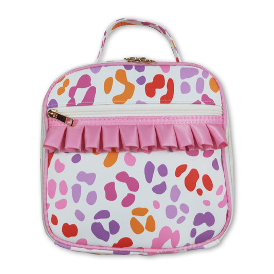 Pink ruffle leopard girls lunch box bag