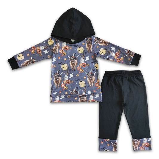Highland cow pumpkin ghost kids boy Halloween hoodie set