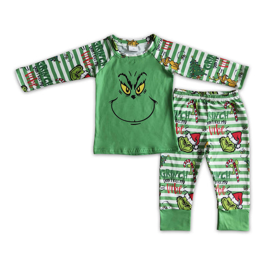 Green face shirt stripe pants kids boys Christmas pajamas