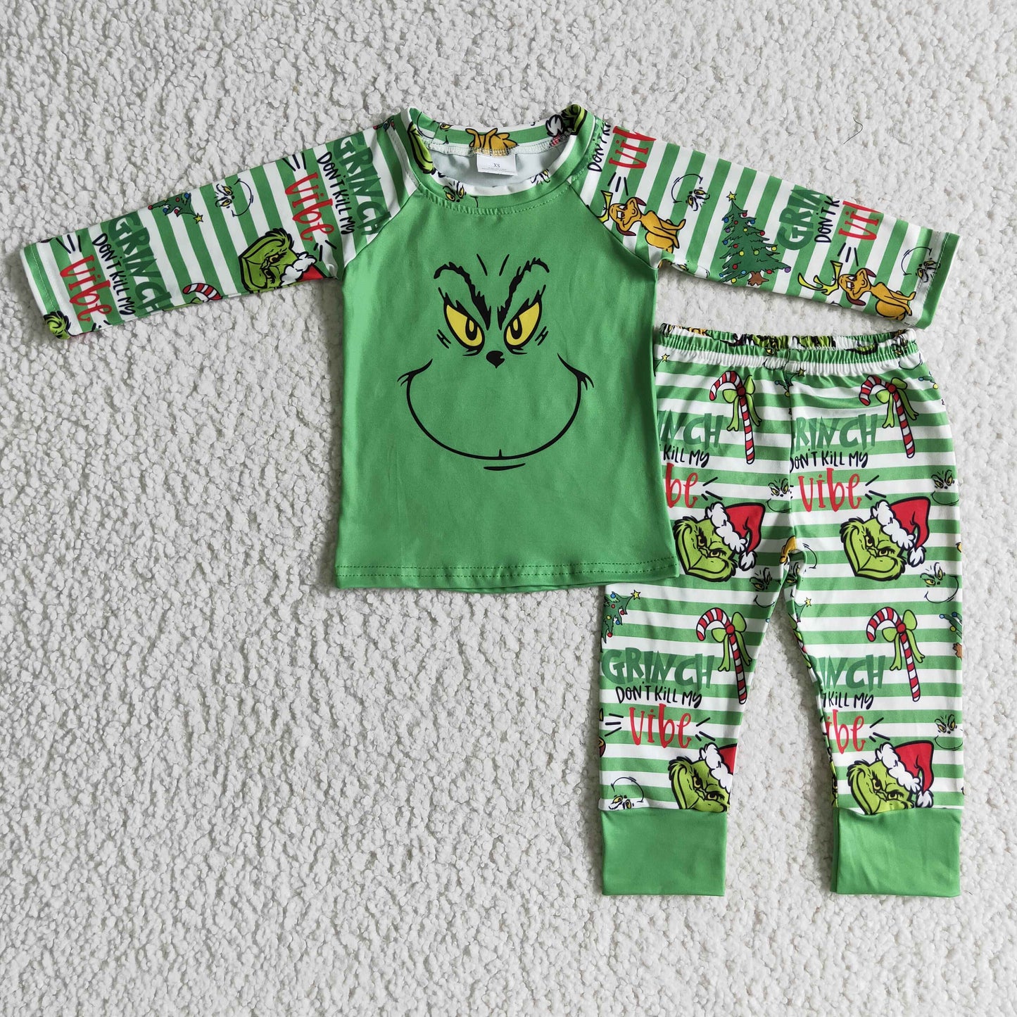 Green face shirt stripe pants kids boys Christmas pajamas