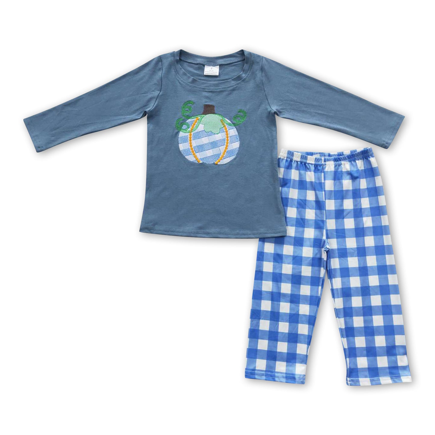 Blue plaid pumpkin shirt pants kids boy fall clothes