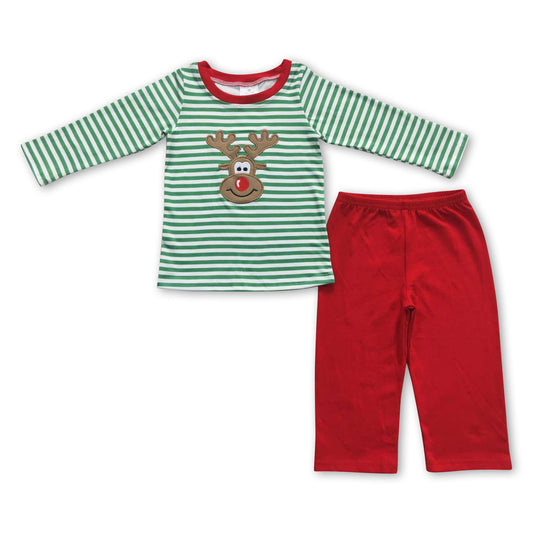 Reindeer green stripe shirt red pants boy Christmas outfits