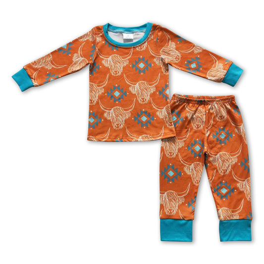 Highland cow aztec long sleeves kids boy pajamas