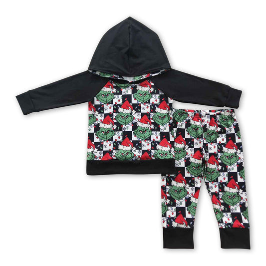 Green face plaid black hoodie set boy Christmas outfits