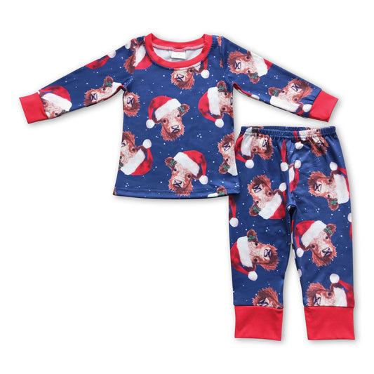 Red Christmas hat highland cow kids boy pajamas