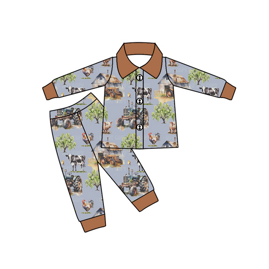 Brown tractor cow pig chicken baby boy farm pajamas