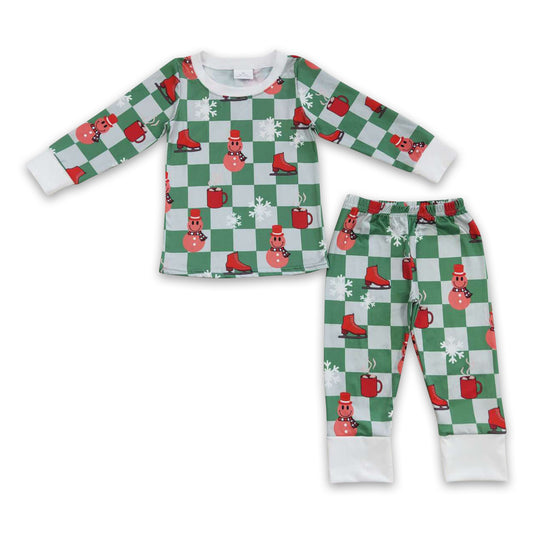 Green plaid snowflake smile snowman kids boy Christmas pajamas