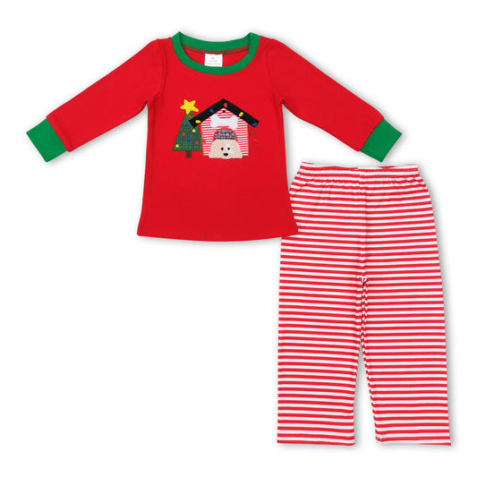 Dog Christmas tree house kids boy stripe outfits