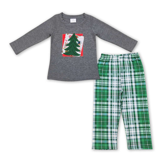 Grey Christmas tree top plaid pants boy clothing set