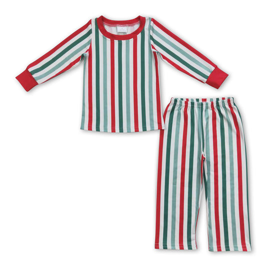 Green red stripe long sleeves kids Christmas pajamas