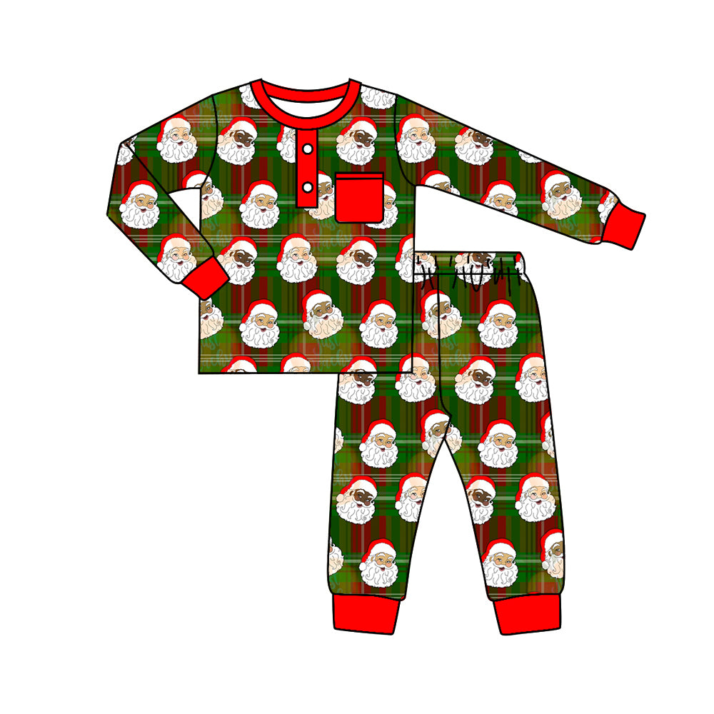 Green plaid santa pocket long sleeves boy pajamas