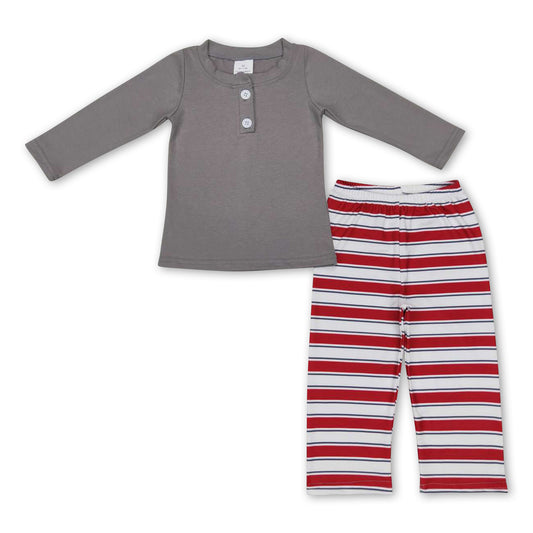 Grey cotton top red stripe pants kids boy Christmas pajamas