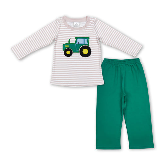 Stripe tractor top green pants kids boy outfits