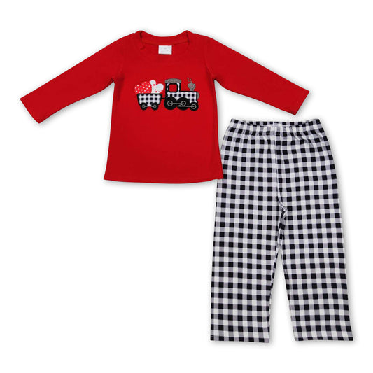 Red plaid truck heart embroidery kids boy valentine's outfits