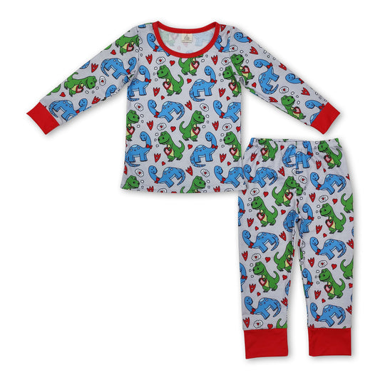 Dinosaur heart long sleeves boys valentine's pajamas