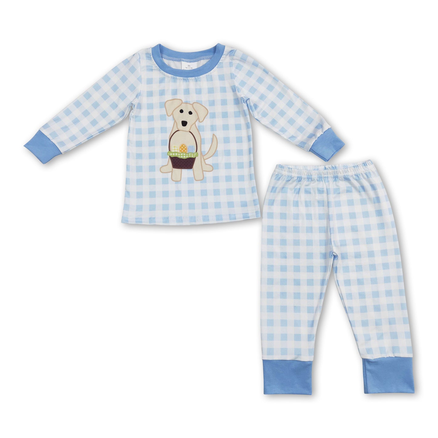 Blue plaid dog eggs basket kids boy easter pajamas