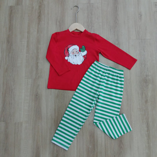 Santa top green stripe pants boys Christmas outfits