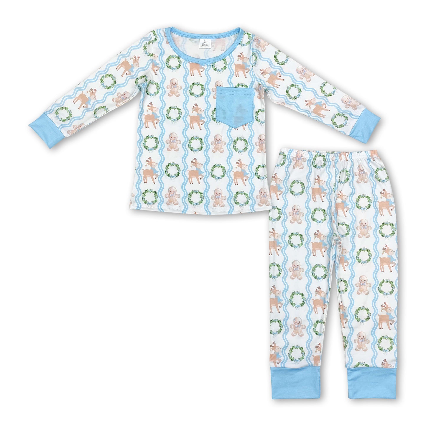 Blue gingerbread deer kids boys Christmas pajamas