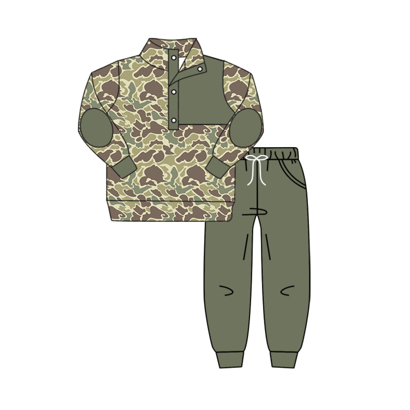 Long sleeves green camo kids boys hunting pullover set