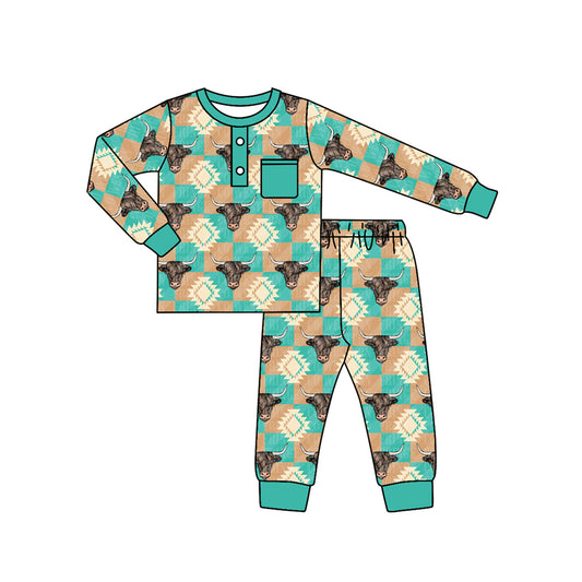 Long sleeves highland cow aztec kids boys western pajamas