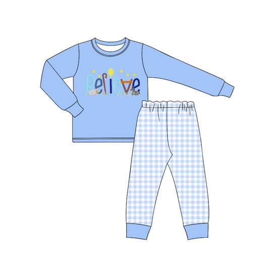 Long sleeves believe top pants boys Christmas pajamas