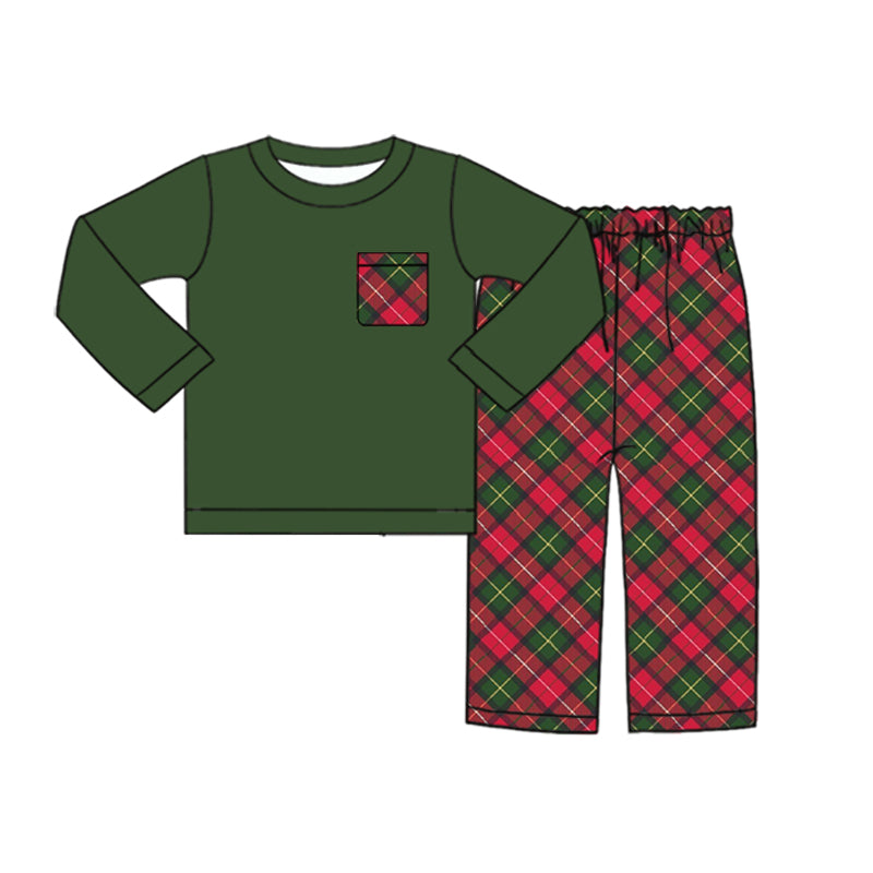 Green plaid pocket top pants boys Christmas outfits