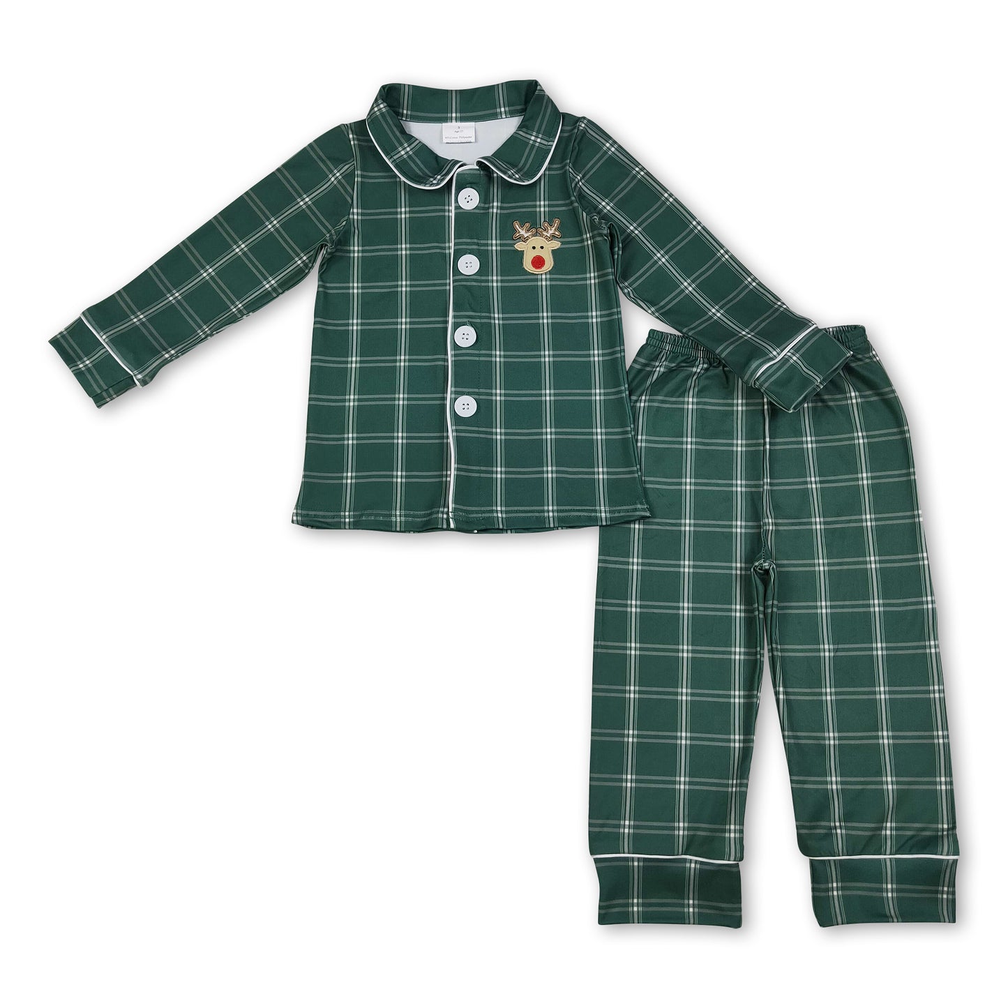 Green plaid deer boys Christmas button down pajamas